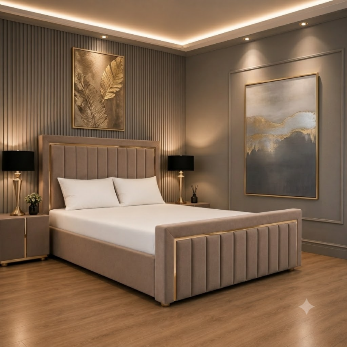 Regal Goldline Panel Bed – upholstered bed frame with a vertical panel headboard and gold pinstripe detail