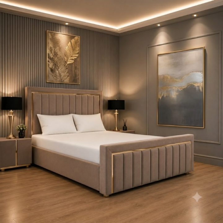 Regal Goldline Panel Bed – Gold Pinstripe Upholstered Bed Frame