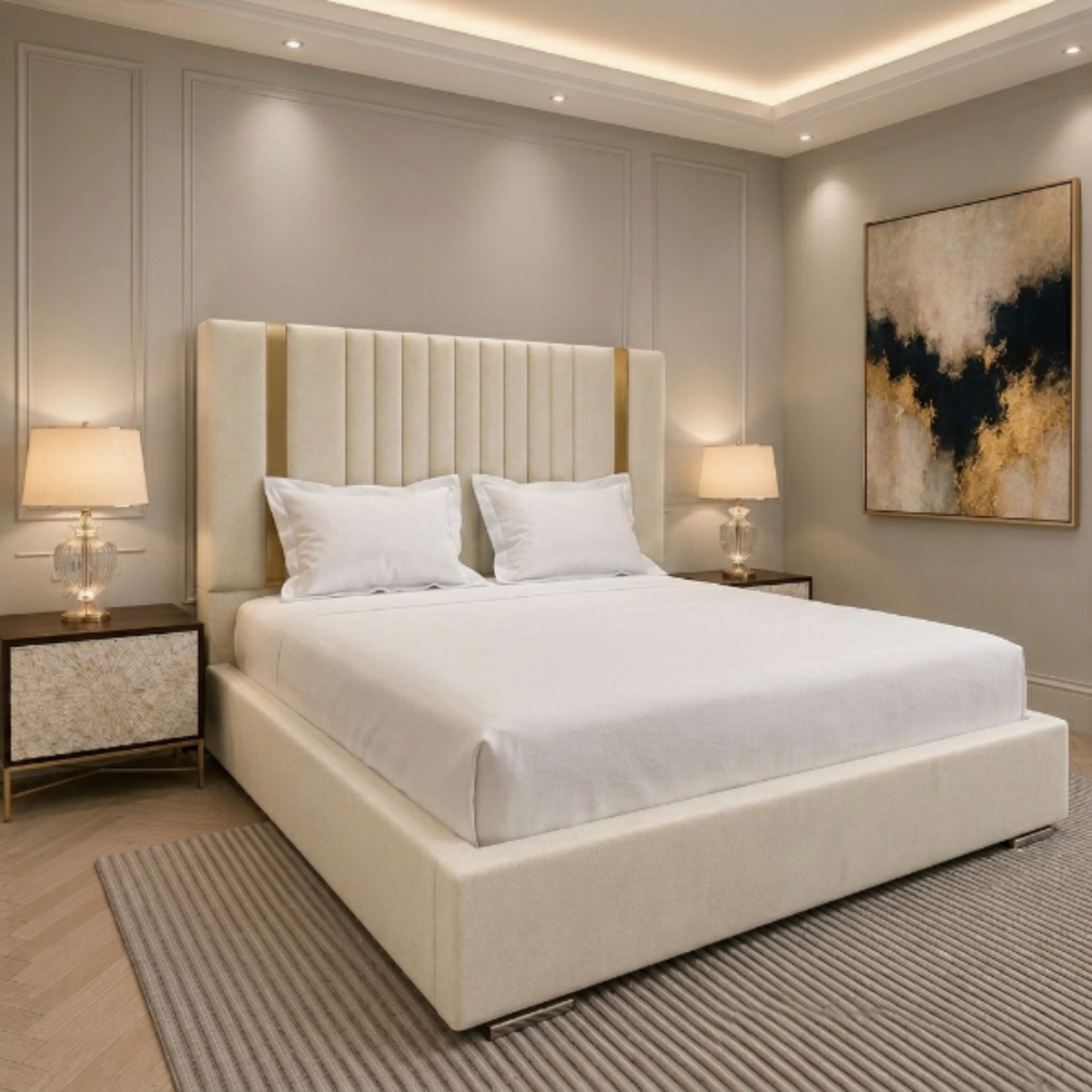Aurora Luxury Vertical Panel Bed – luxury upholstered bed frame with a tall vertical panel headboard