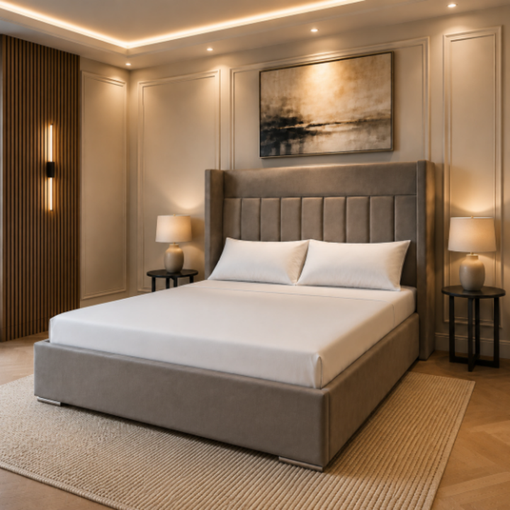 Aurora Fan Panel Bed – Geometric Upholstered Bed Frame