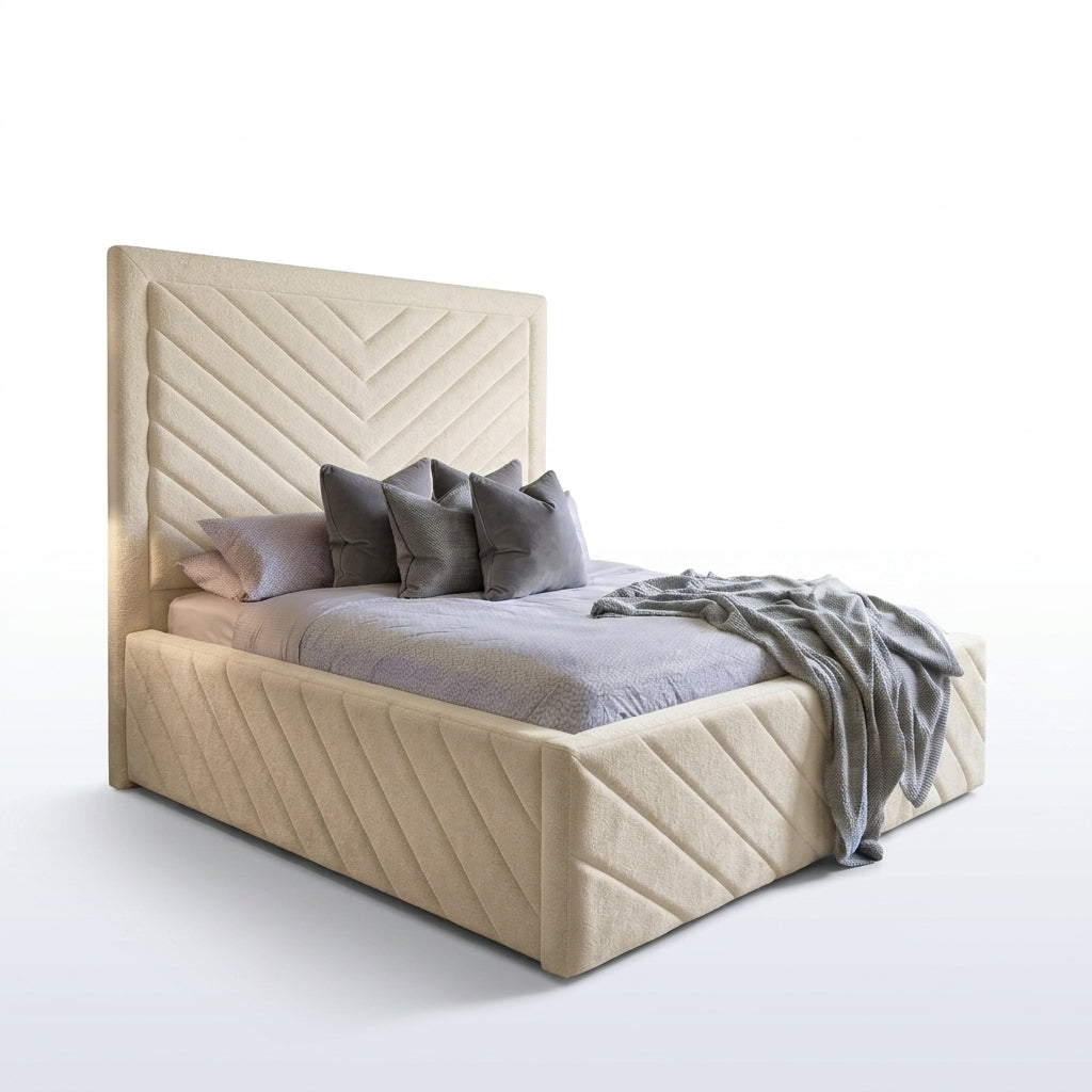 Mayfair Middle Line Bed upholstered bed frame with a Mayfair middle line headboard, front view studio photo