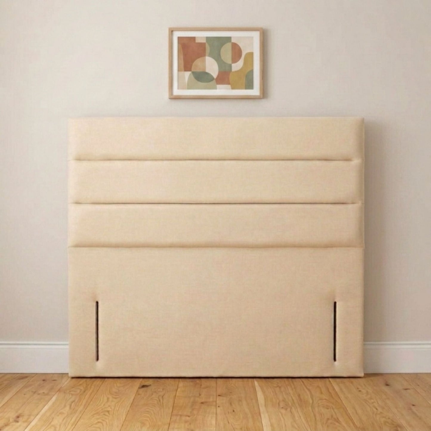 Linear panel cream upholstered headboard handmade in the UK, front view