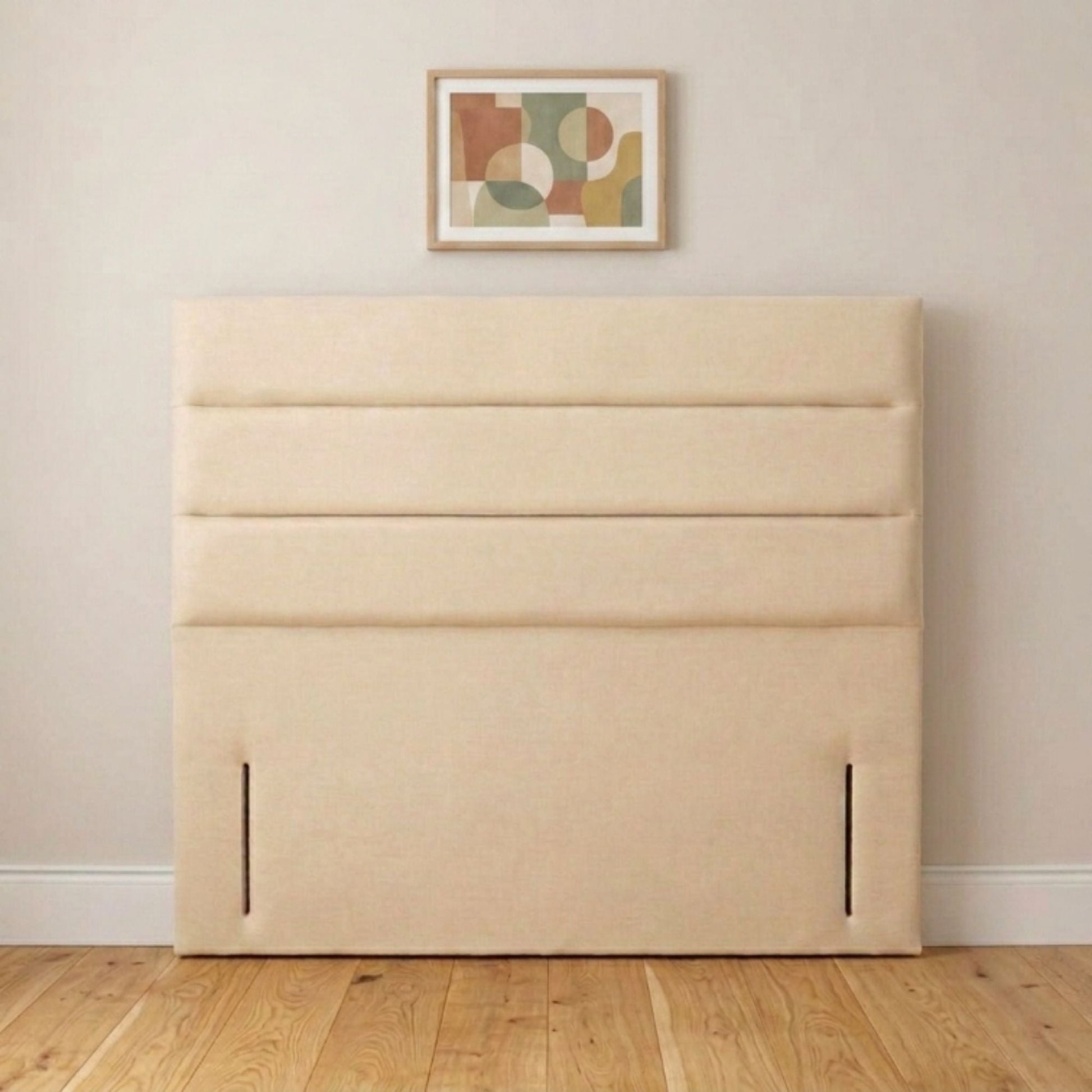 Linear panel cream upholstered headboard handmade in the UK, front view
