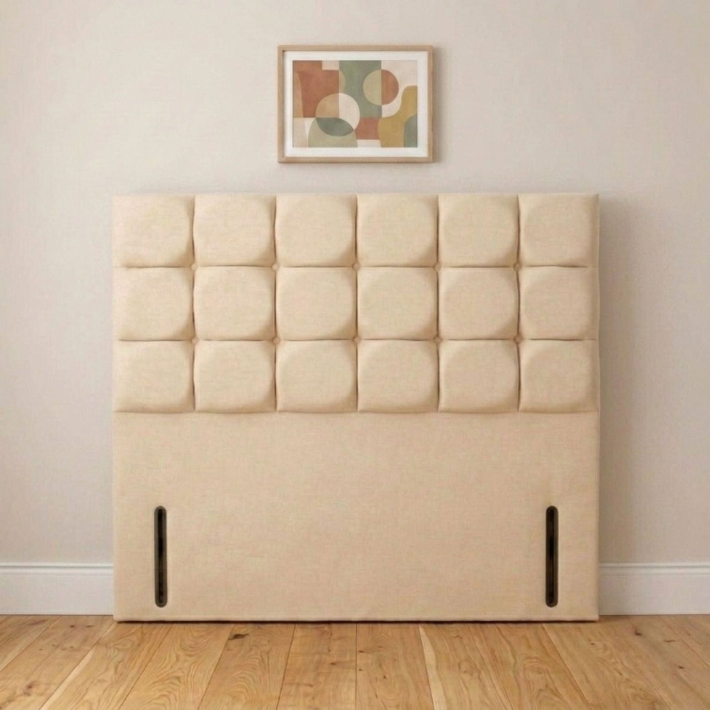 Box panel cream upholstered headboard handmade in the UK, front view