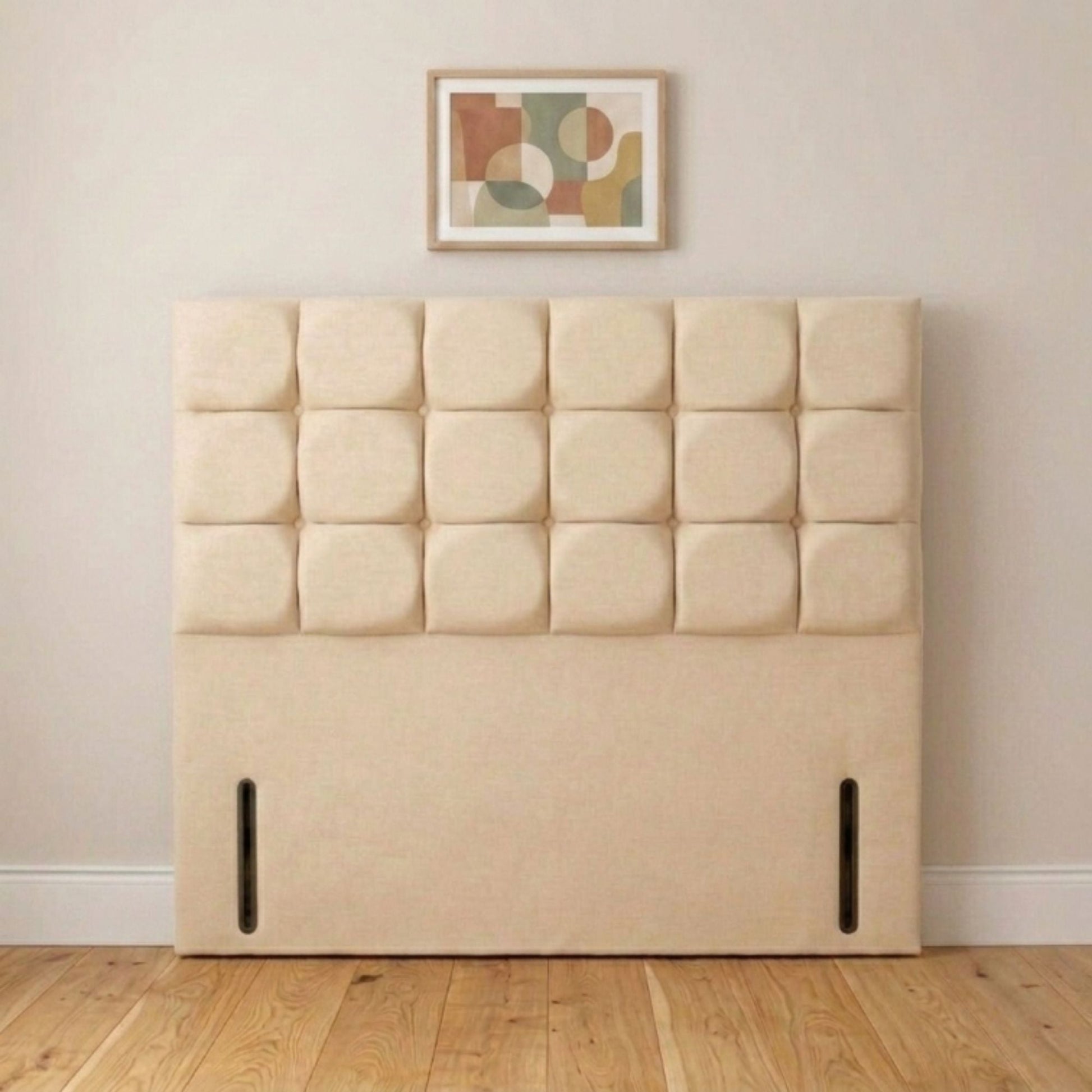 Box panel cream upholstered headboard handmade in the UK, front view