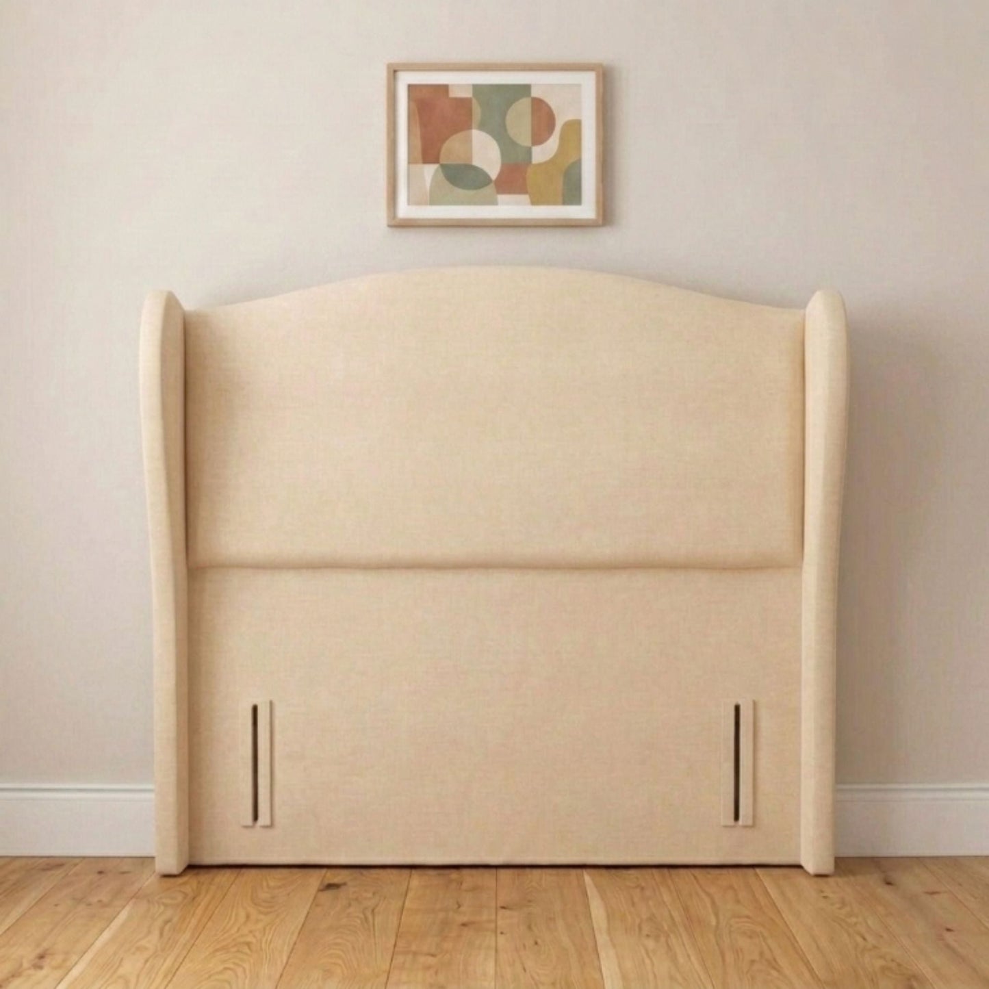 Modern cream wingback upholstered headboard handmade in the UK, front view