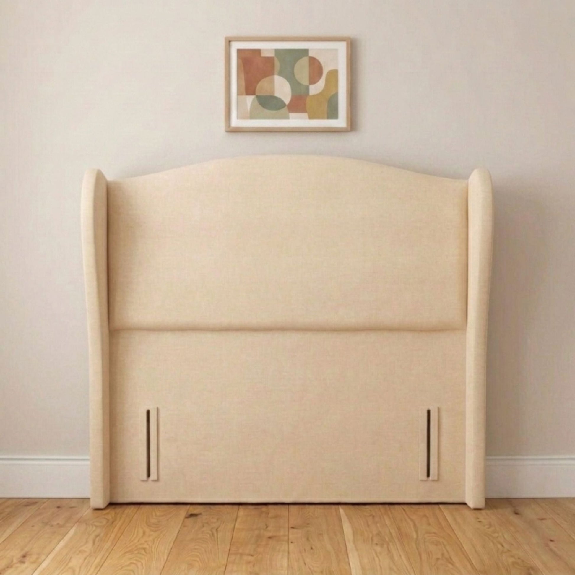 Modern cream wingback upholstered headboard handmade in the UK, front view