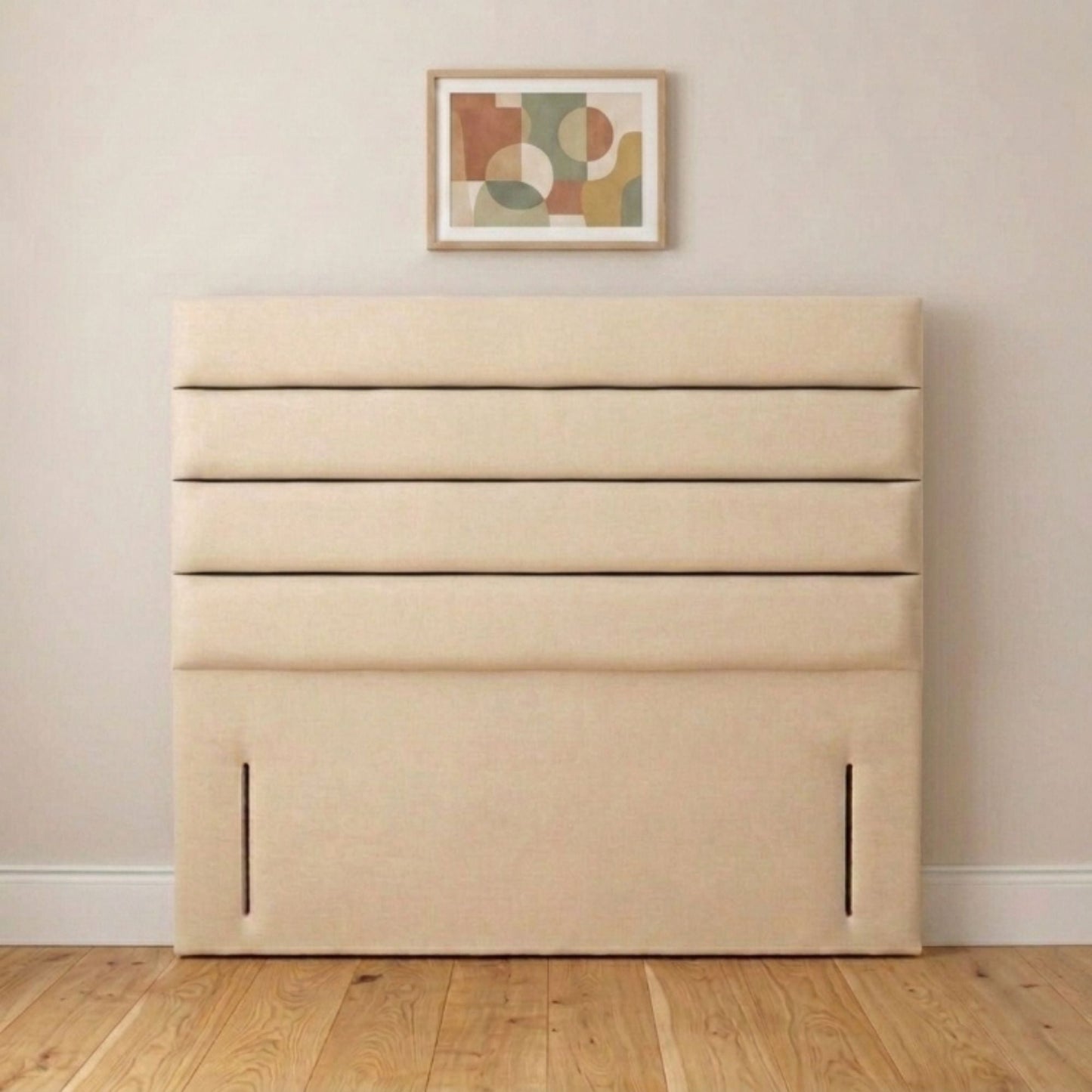 Modern cream padded horizontal channel upholstered headboard handmade in the UK, front view