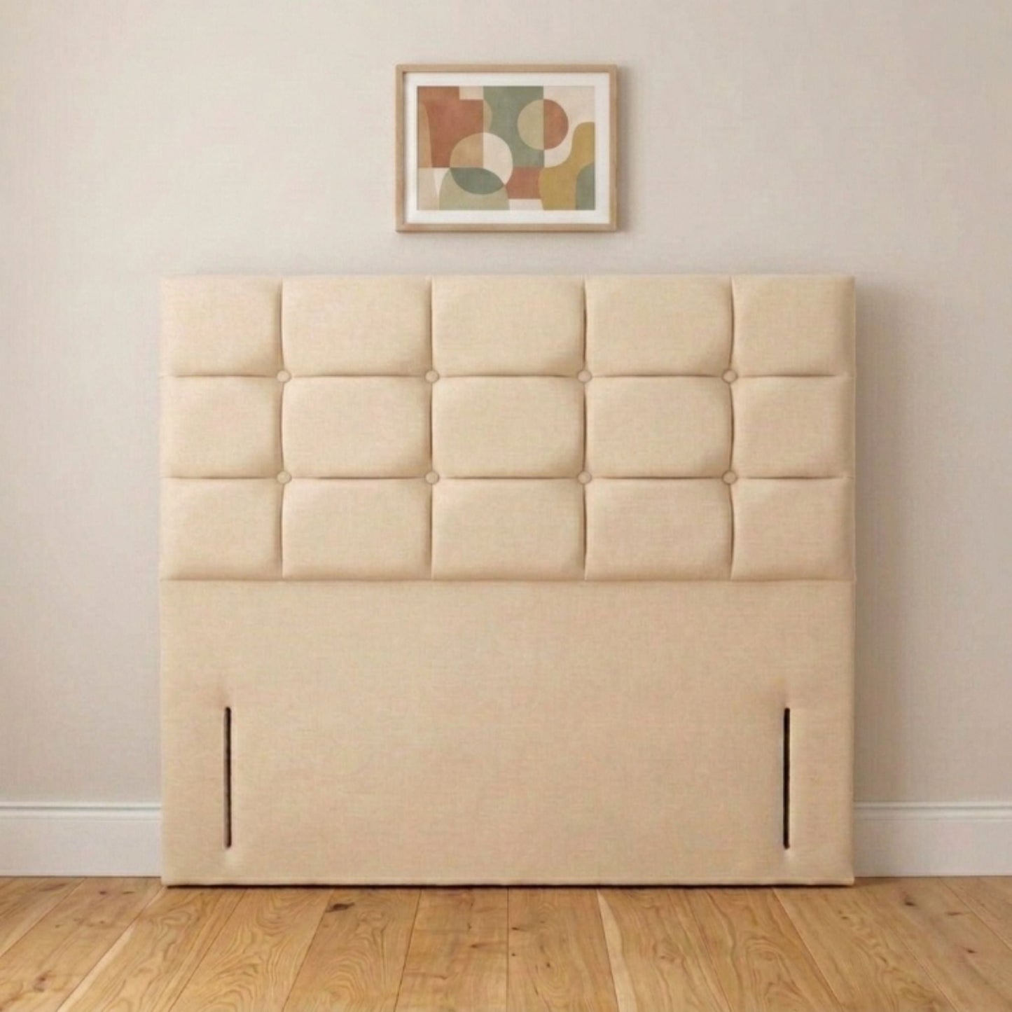 Harrow cream button panel upholstered headboard handmade in the UK, front view