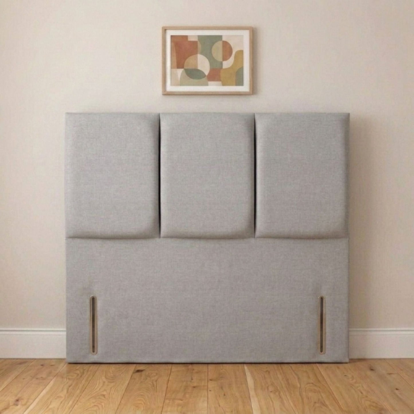 Trinity cream headboard angled view showing three-panel design