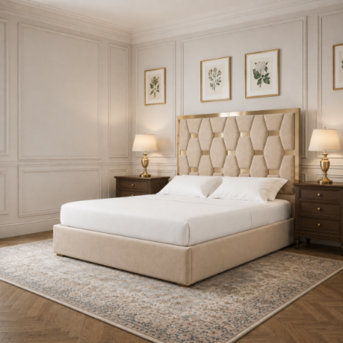 Prism Geometric Bed – upholstered bed frame with an angular geometric headboard