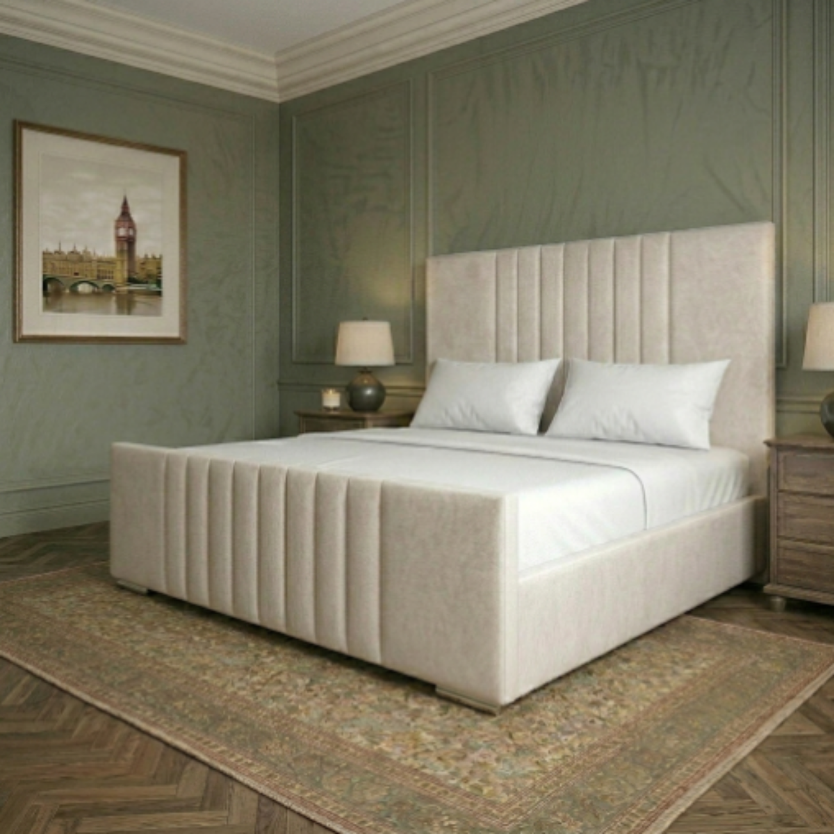 Regal Panel Bed – upholstered bed frame with a straight-edged vertical panel headboard