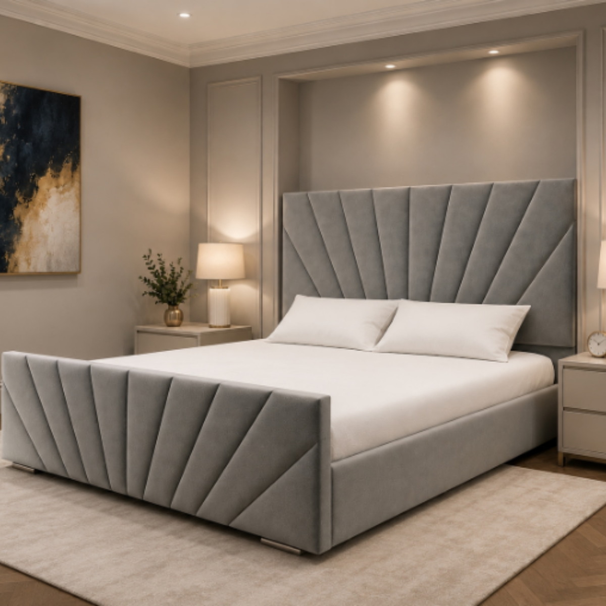 Amber Sunrise Panel Bed – upholstered bed frame with a fan-shaped radiating panel headboard