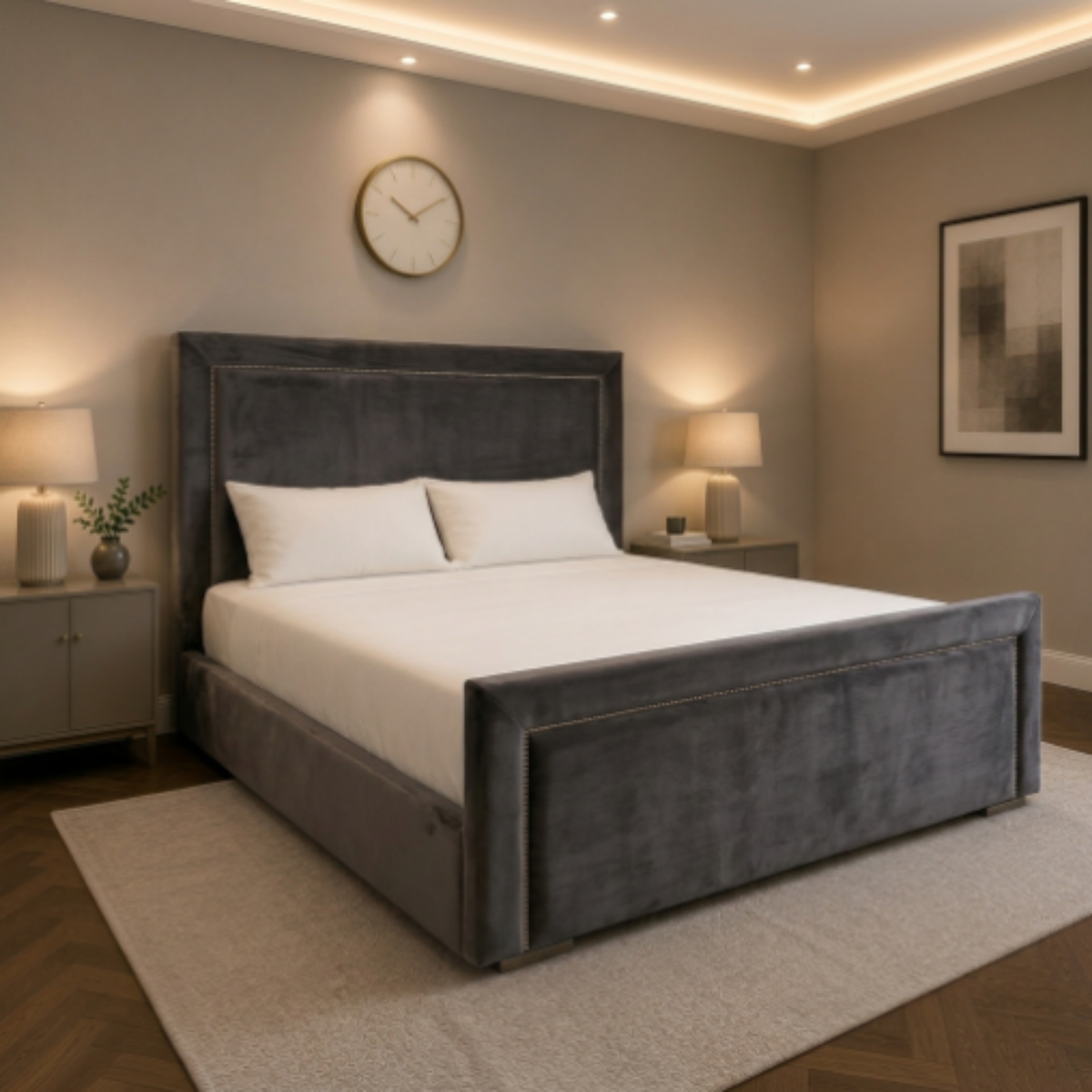 Regal Haven Bed – upholstered bed frame with a rounded-edge panel headboard