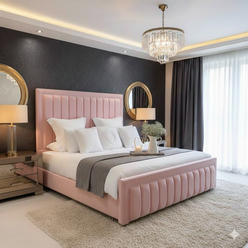 Mayfair Stud Chrome Velvet Bed room view UK - Eagle Bed