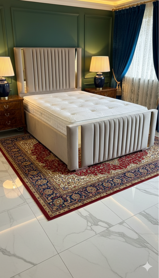 Strip Line Bed with Design Footboard | Plush Velvet Bed with 54” Headboard