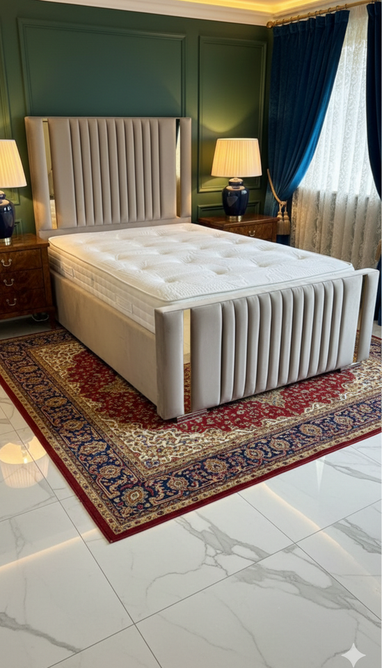 Strip Line Bed with Design Footboard | Plush Velvet Bed with 54” Headboard