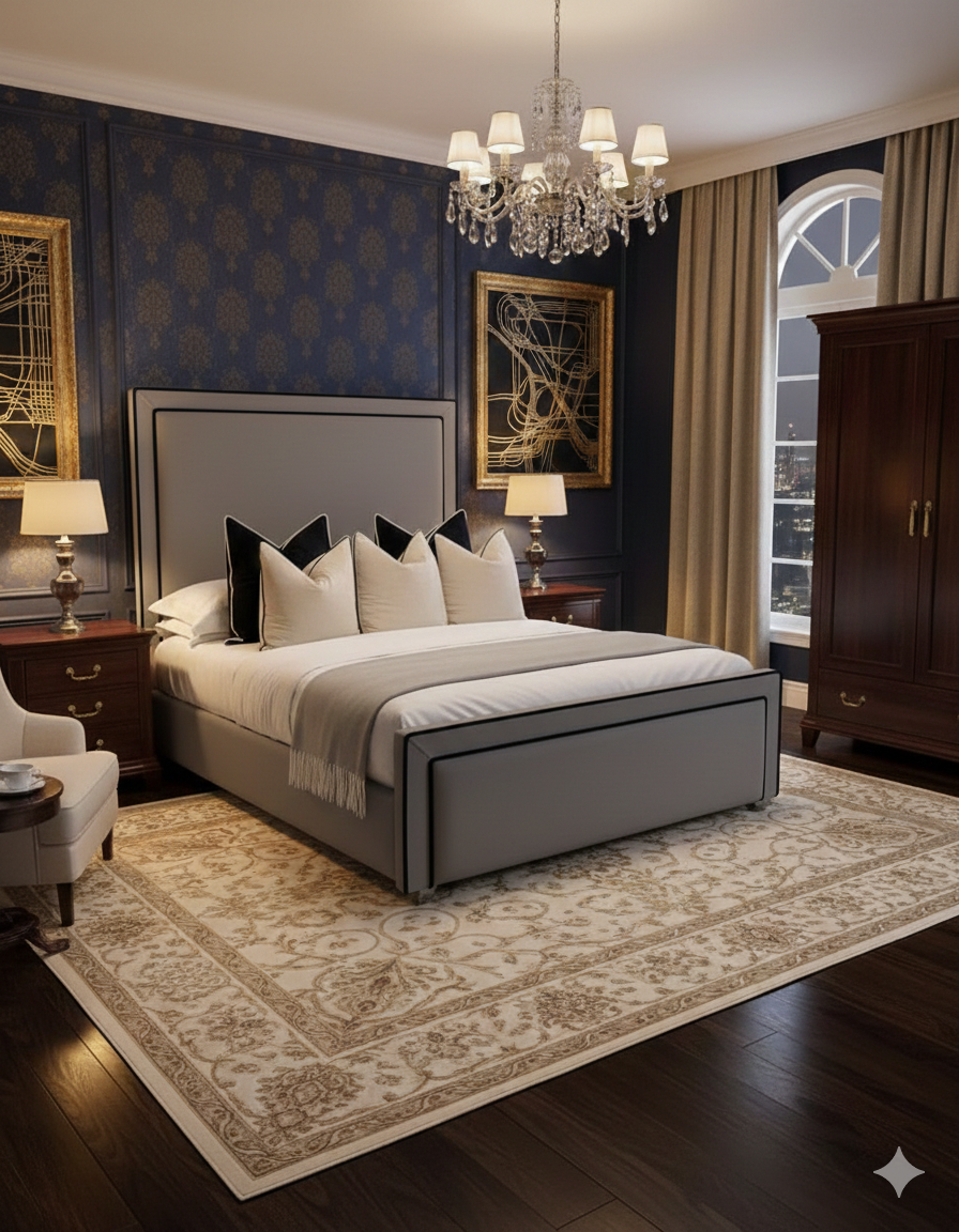 Black Piping Upholstered Bed side view handmade UK - Eagle Bed