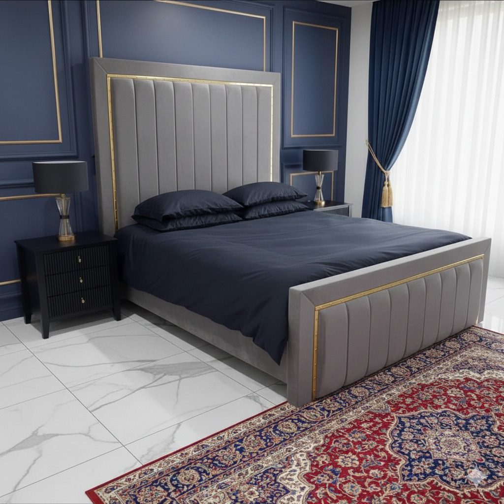 Gold Silver Strip Upholstered Velvet Bed UK - Eagle Bed