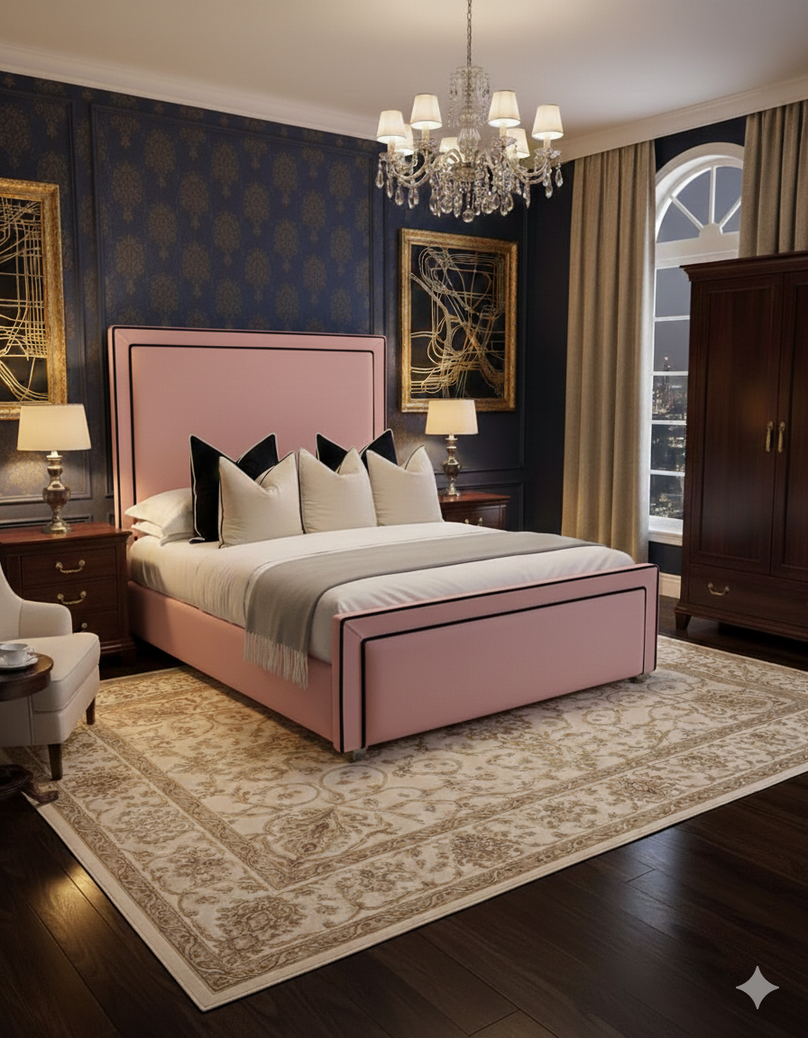 Black Piping Art Deco Velvet Bed room view UK - Eagle Bed