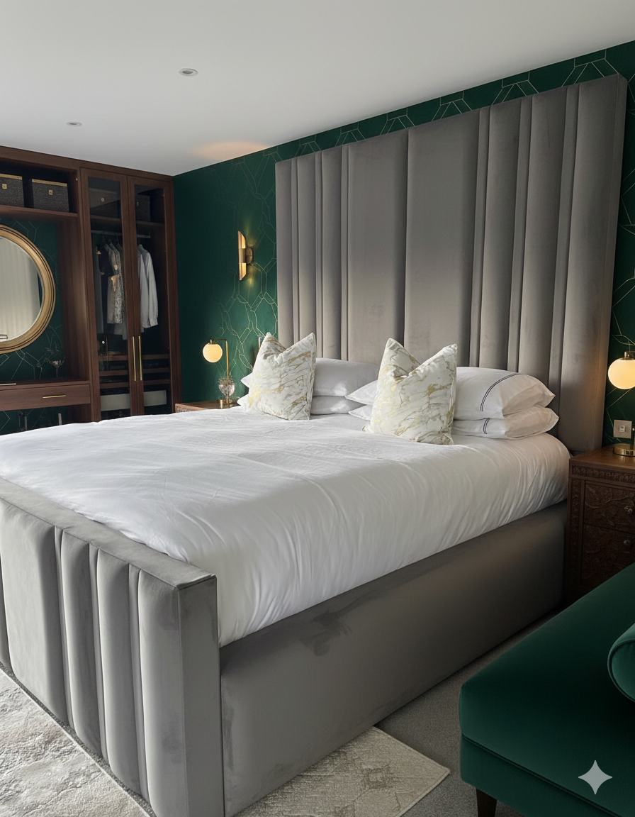 Tower Upholstered Tall Velvet Bed UK - Eagle Bed