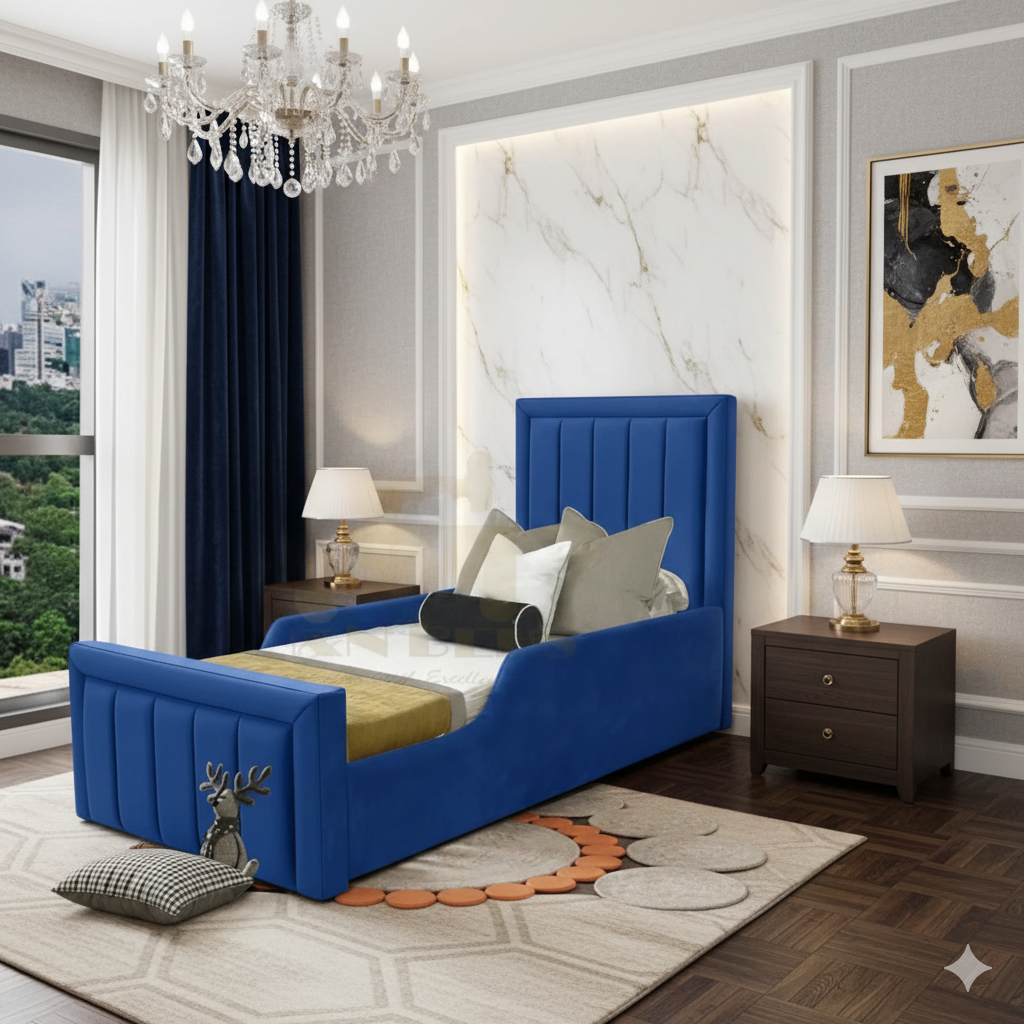 Mayfair Kids Upholstered Bed in velvet handmade UK - Eagle Bed