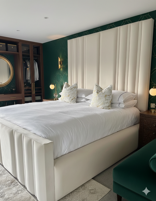 Tower Velvet Bed tall headboard detail UK - Eagle Bed