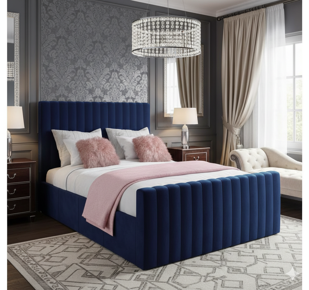 Indigo Line Upholstered Bed side view handmade UK - Eagle Bed
