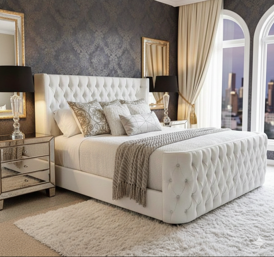 Curved Wingback Upholstered Bed side view handmade UK - Eagle Bed