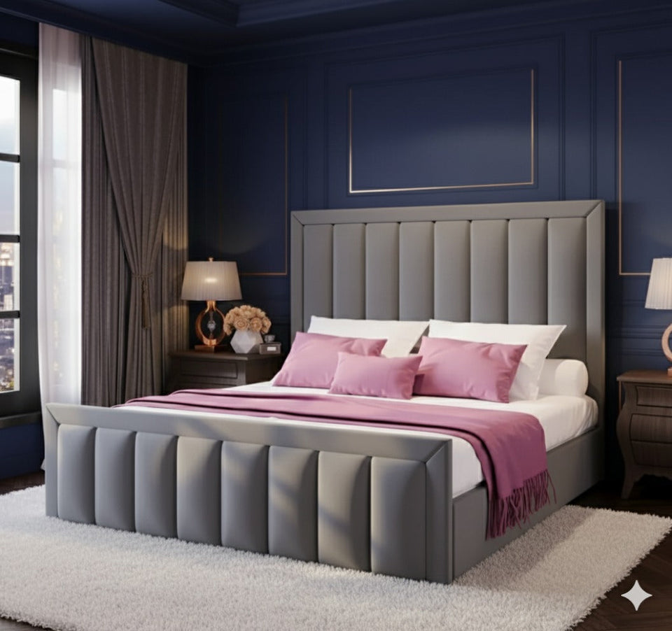 Panel Line Bed with Border | Plush Velvet Bed with 54” Headboard