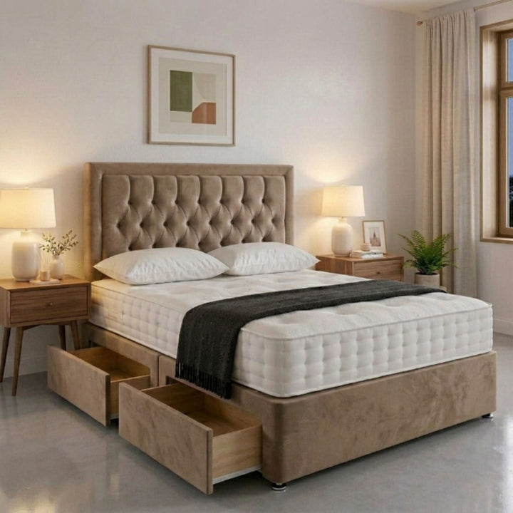 Grey Button-Tufted Platform Storage Bed – Upholstered with Drawers
