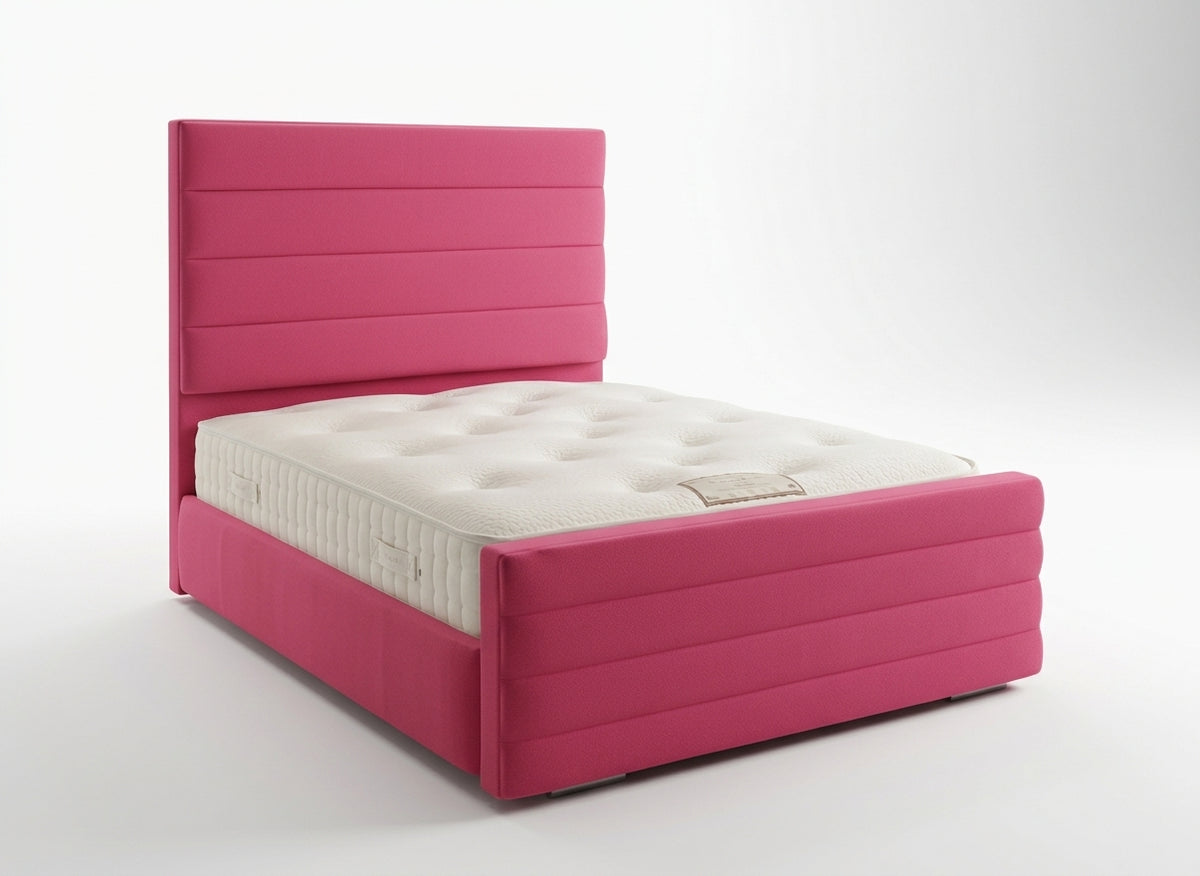 L.R Panel Bed upholstered bed frame with a left-right structured panel headboard, front view studio photo