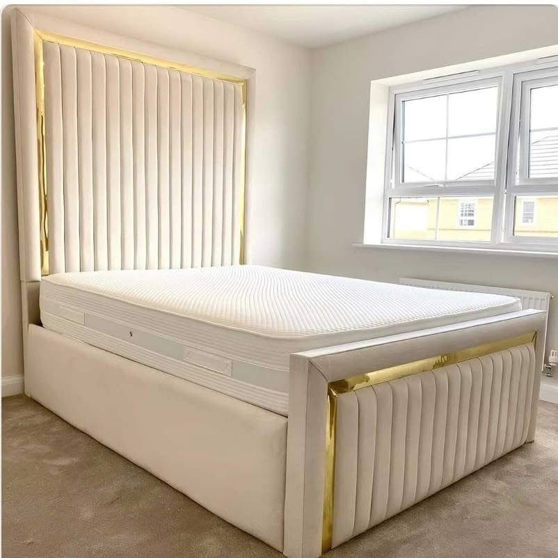 Gold Silver Strip Luxury Velvet Bed side view UK - Eagle Bed