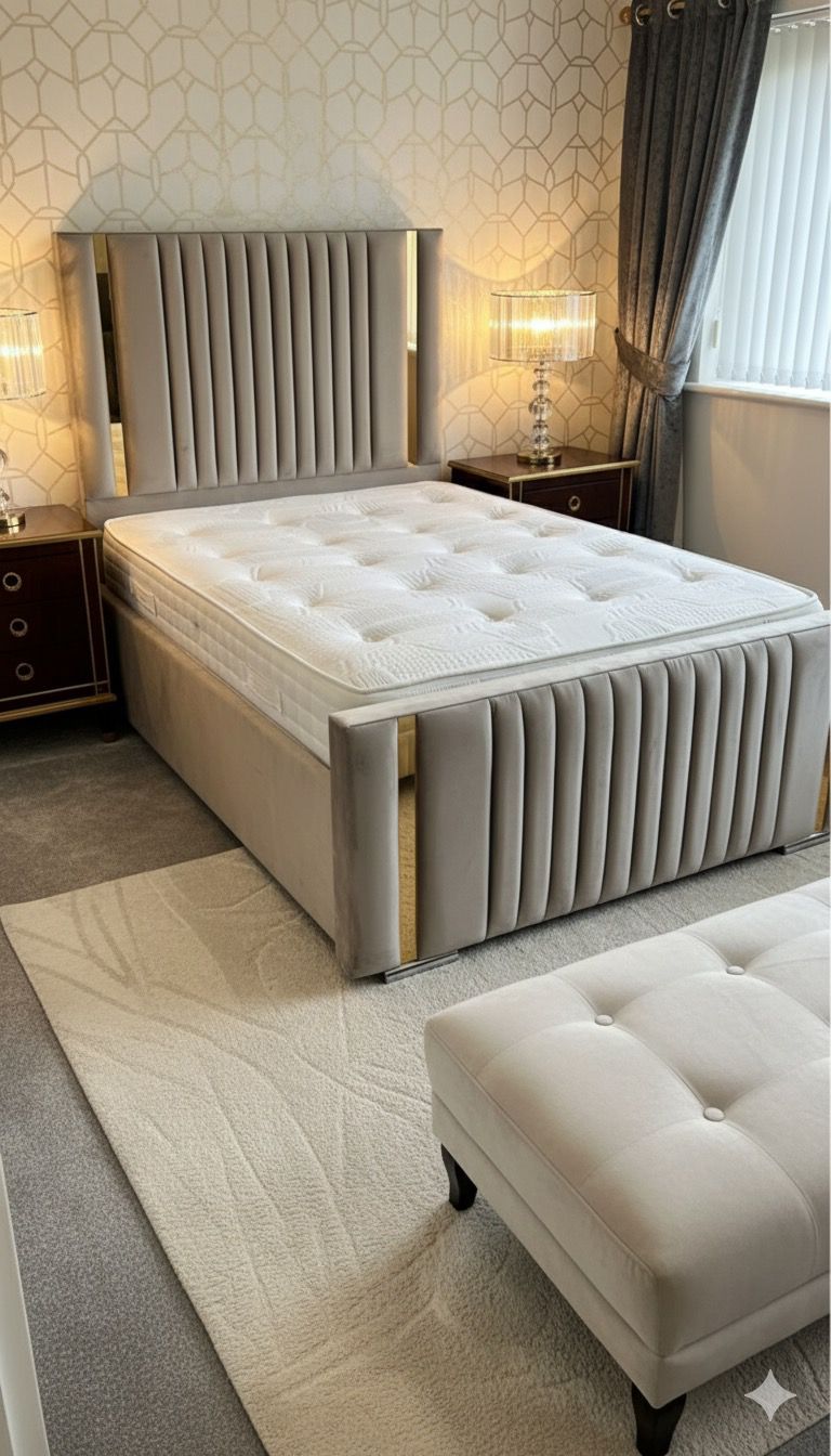 Strip Line Velvet Bed with matching footboard UK - Eagle Bed