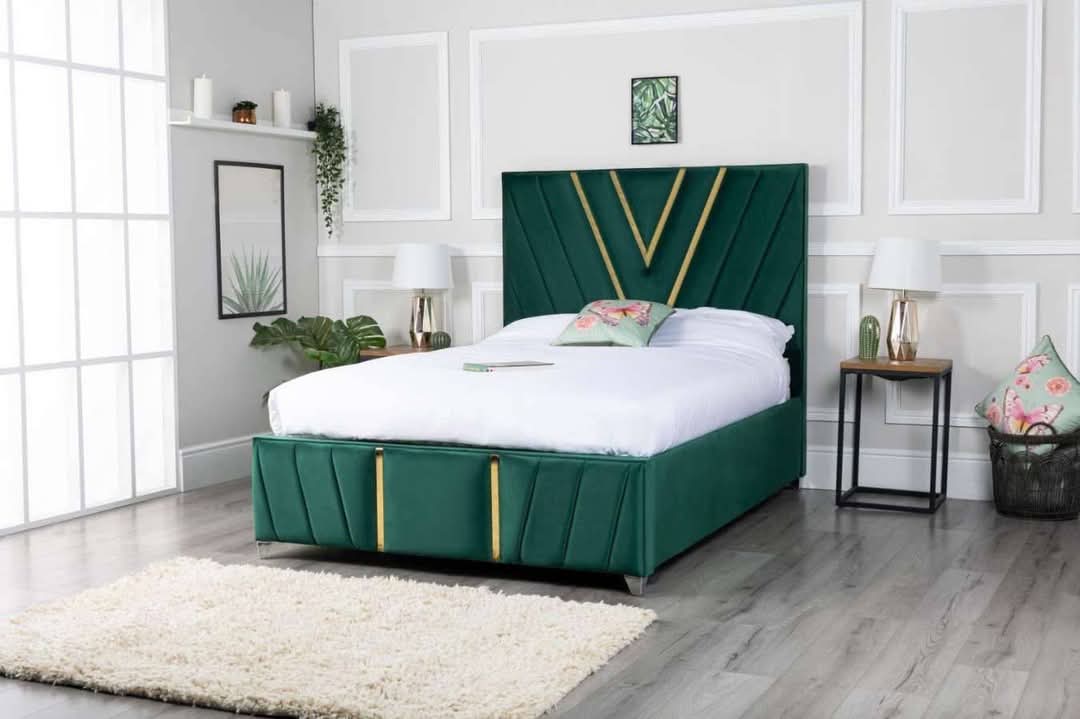 Gold V Cross Line Upholstered Bed side view UK - Eagle Bed
