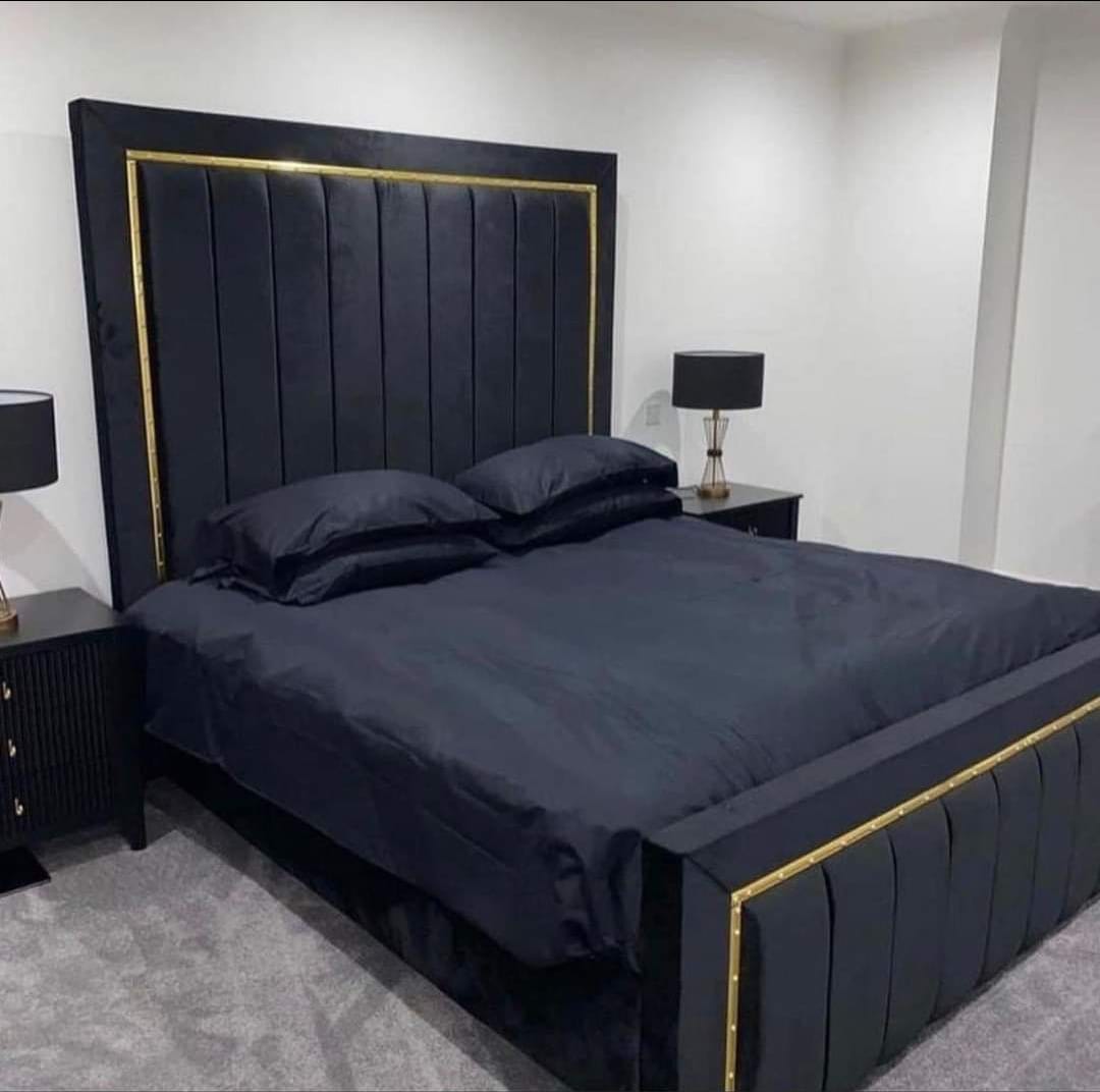 Gold Silver Strip Upholstered Bed room view - Eagle Bed UK