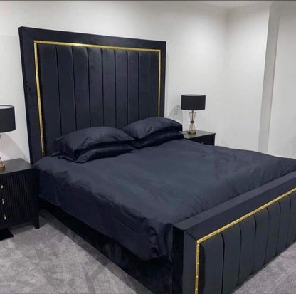 Gold Silver Strip Upholstered Bed room view - Eagle Bed UK