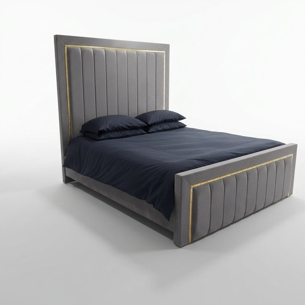 Gold Silver Strip Bed handmade upholstered bed frame, front view