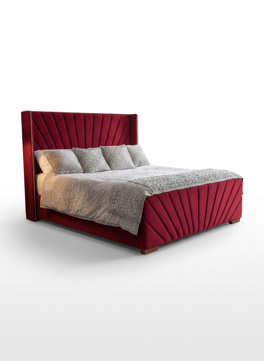 Mayfair V X Wingback Bed with a V-X panel winged headboard, front view studio photo