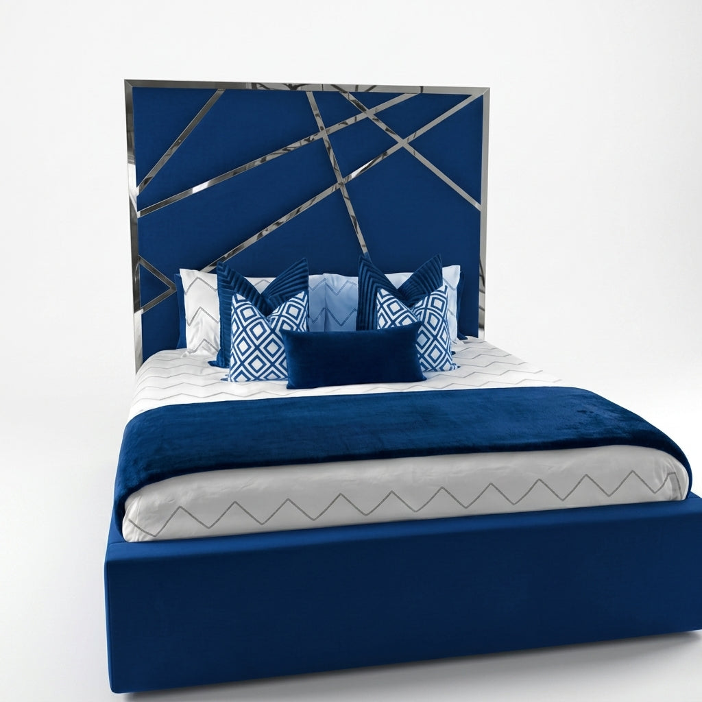 Star Unique Bed upholstered bed frame with a star-inspired panel headboard, front view studio photo